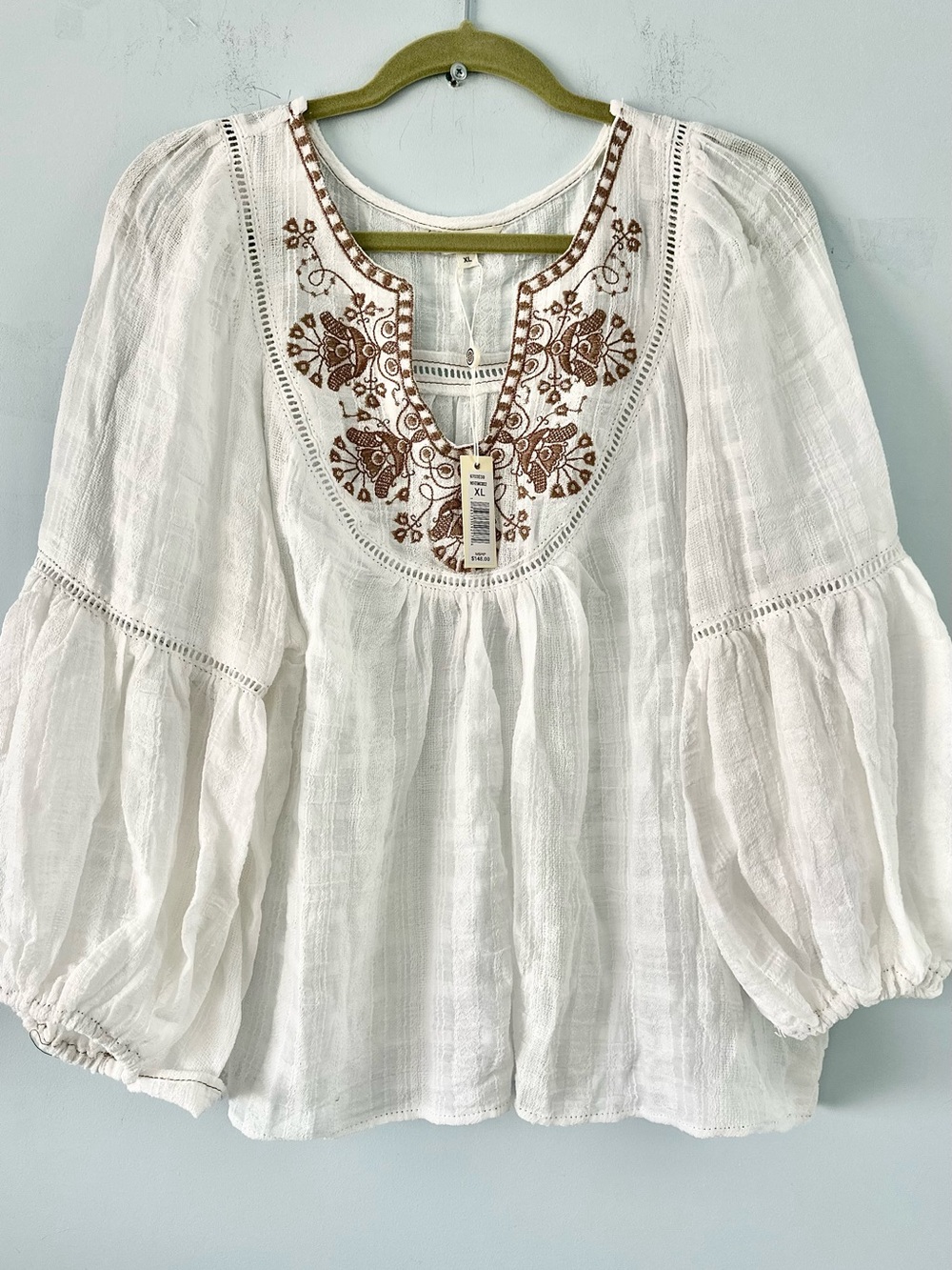 Max Studio White Peasant Blouse with Brown Embroidery